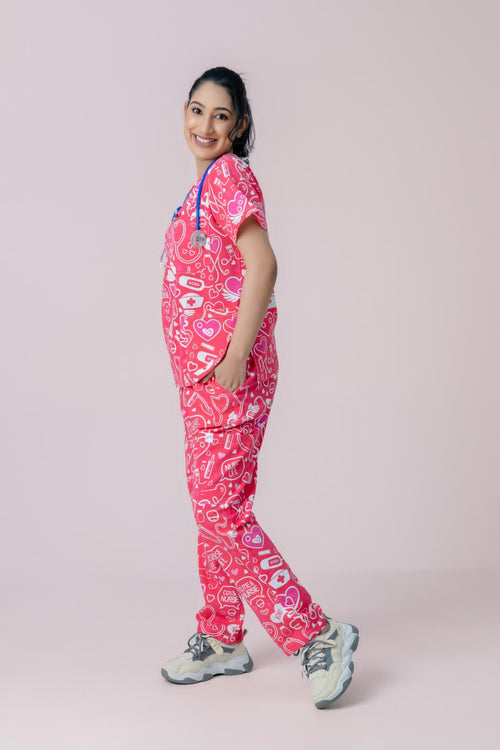 Female medical professional wearing stylish pink scrub uniform